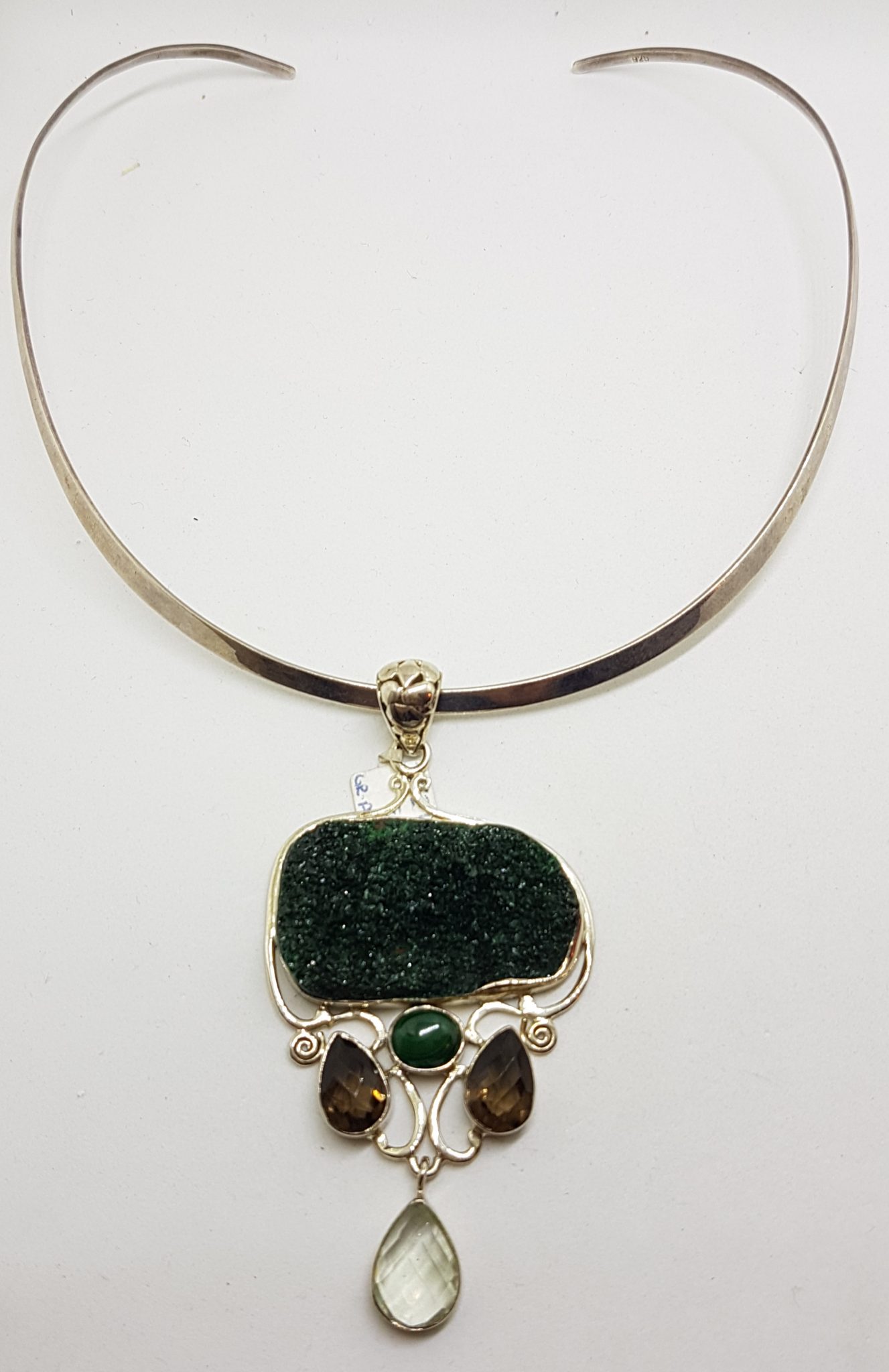 20200831_130055 Sterling Silver Large Ornate Malachite, Clear Crystal Quartz and Smokey Quartz Ornate Pendant on Silver Choker Chain Necklace