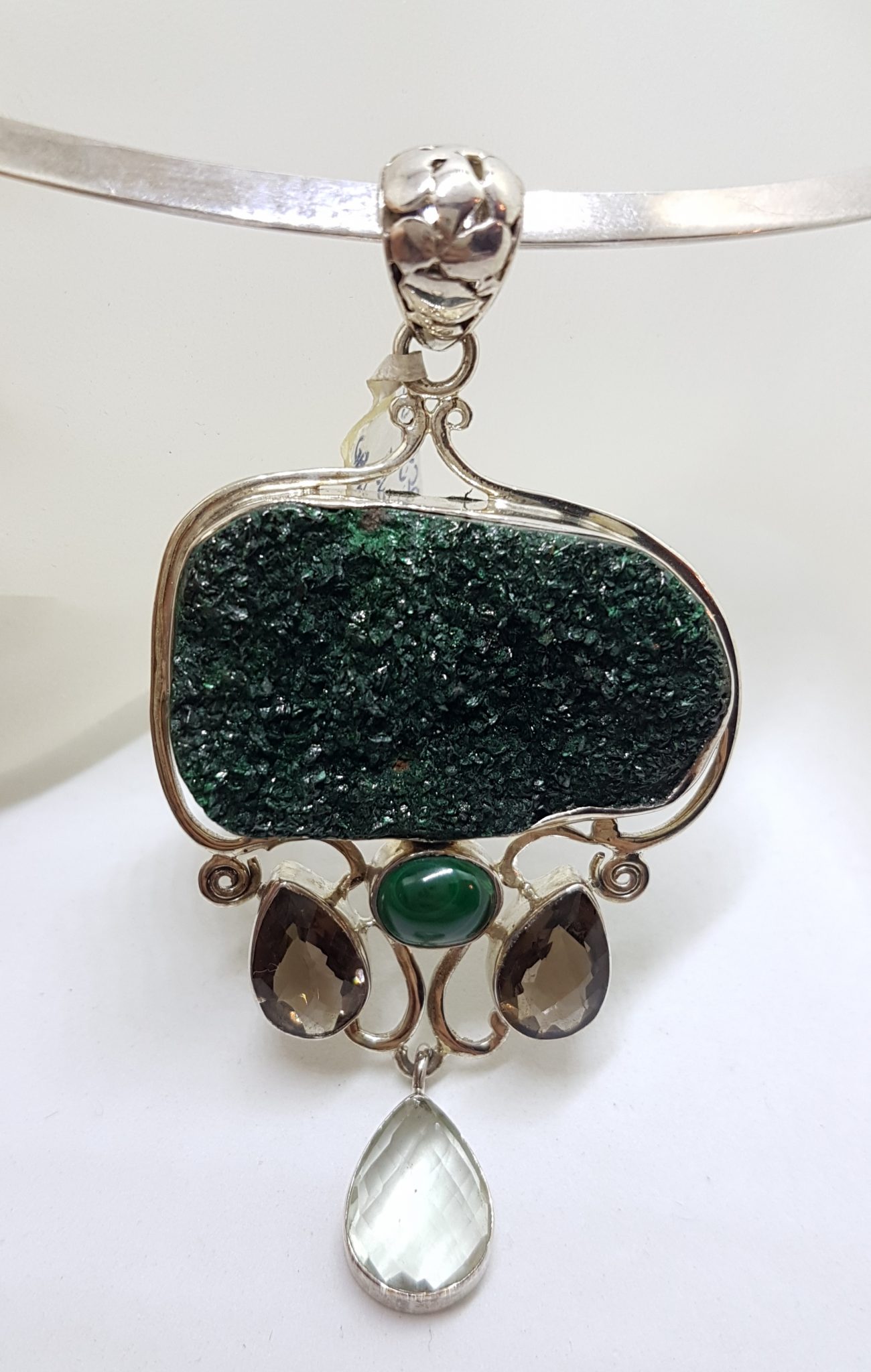 20200831_130121 Sterling Silver Large Ornate Malachite, Clear Crystal Quartz and Smokey Quartz Ornate Pendant on Silver Choker Chain Necklace
