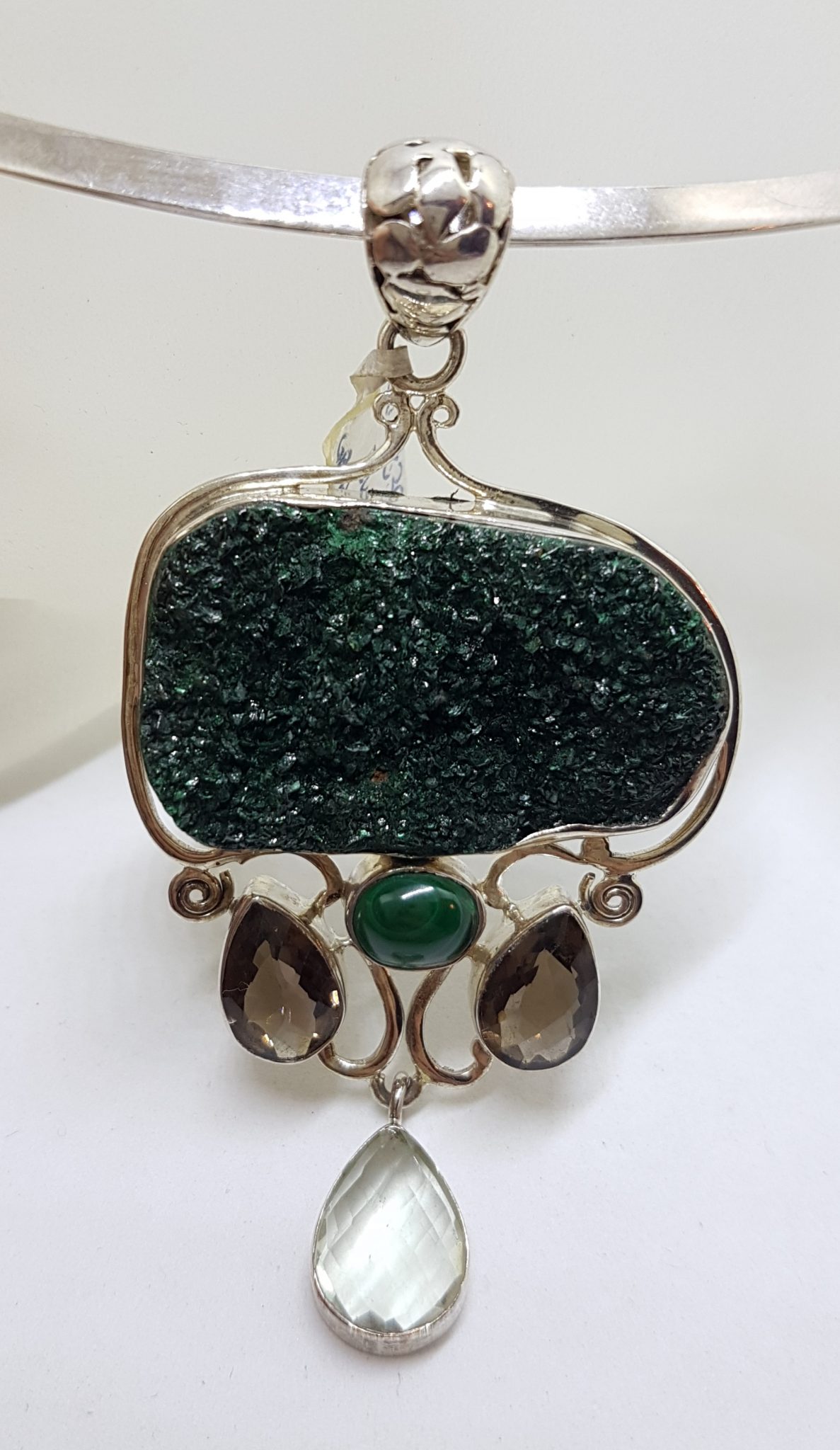 20200831_130213 Sterling Silver Large Ornate Malachite, Clear Crystal Quartz and Smokey Quartz Ornate Pendant on Silver Choker Chain Necklace