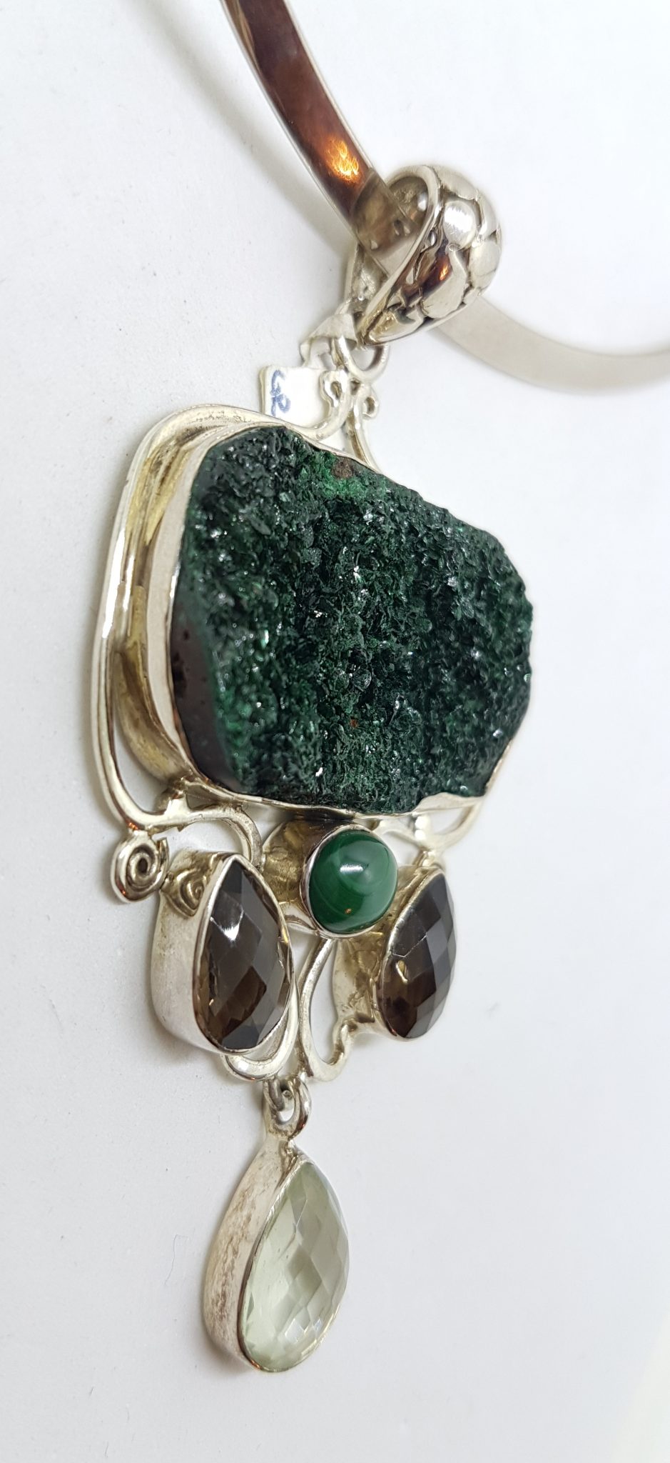 20200831_130227 Sterling Silver Large Ornate Malachite, Clear Crystal Quartz and Smokey Quartz Ornate Pendant on Silver Choker Chain Necklace