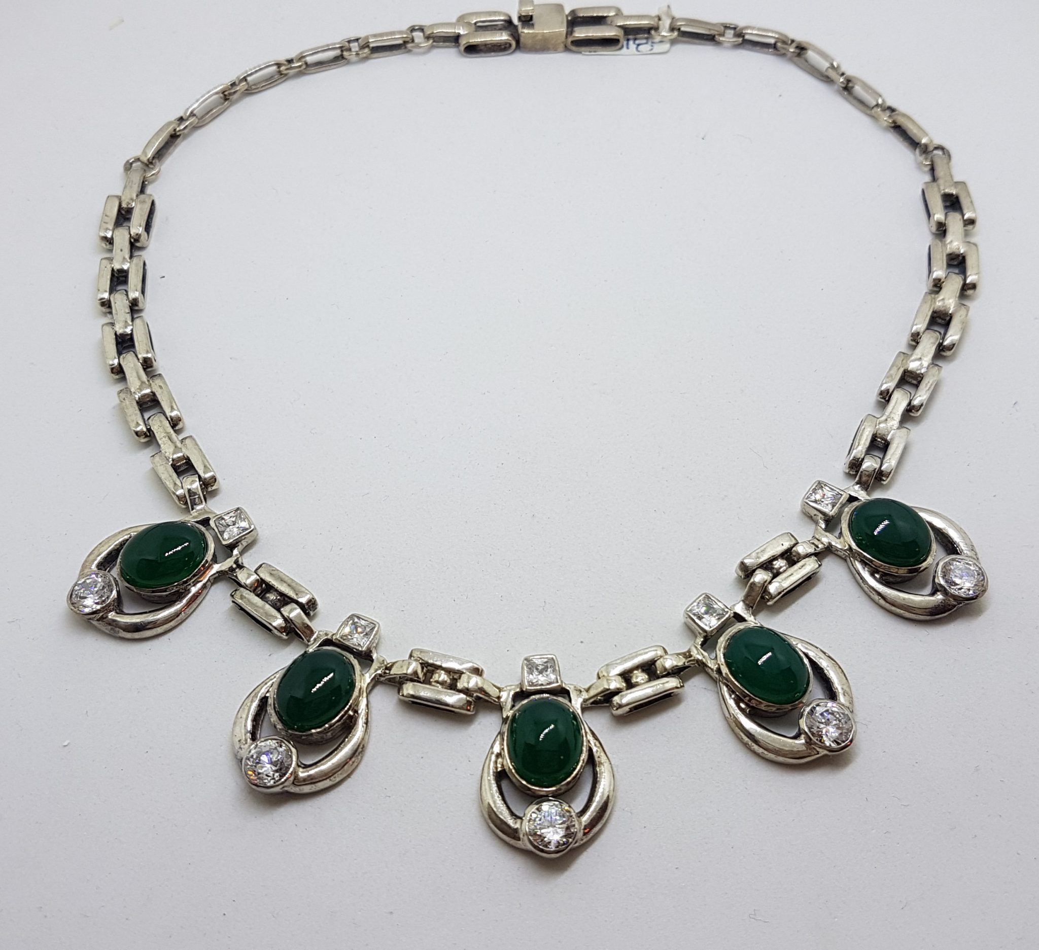 Sterling Silver Green Onyx / Agate with Clear Crystal Quartz Collier Chain Necklace