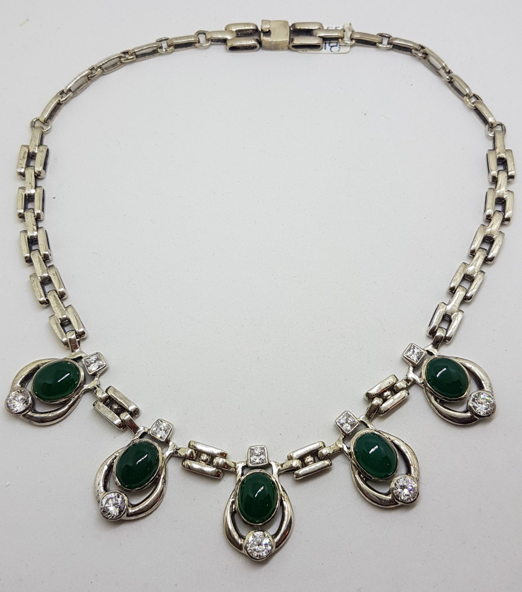 Sterling Silver Green Onyx / Agate with Clear Crystal Quartz Collier Chain Necklace