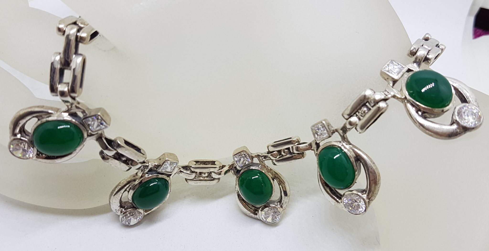 Sterling Silver Green Onyx / Agate with Clear Crystal Quartz Collier Chain Necklace