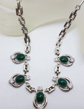 Sterling Silver Green Onyx / Agate with Clear Crystal Quartz Collier Chain Necklace