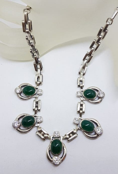 Sterling Silver Green Onyx / Agate with Clear Crystal Quartz Collier Chain Necklace