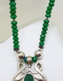 Sterling Silver Green Onyx / Agate Ornate Bead Chain Necklace