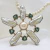 Sterling Silver Large Green Quartz and Blister Pearl Star / Flower Pendant on Pearl Chain Necklace