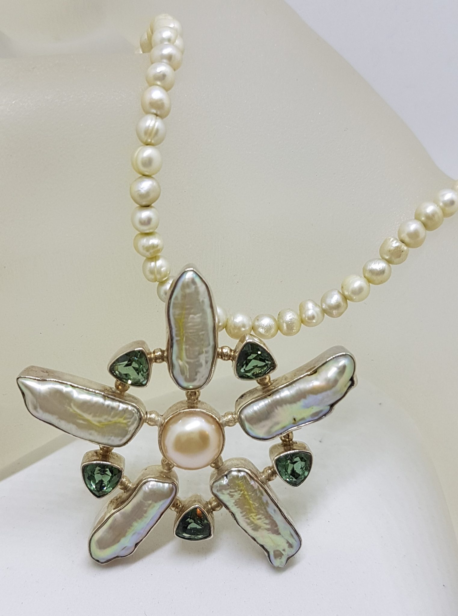 20200831_130558 Sterling Silver Large Green Quartz and Blister Pearl Star / Flower Pendant on Pearl Chain Necklace