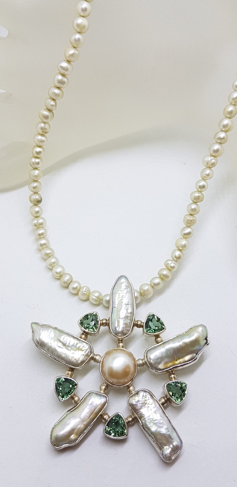 20200831_130630 Sterling Silver Large Green Quartz and Blister Pearl Star / Flower Pendant on Pearl Chain Necklace