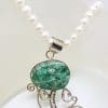 Sterling Silver Large Ornate Green with Clear Crystal Quartz Swirl on Pearl Chain Necklace