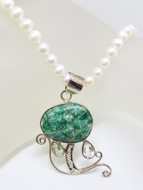 Sterling Silver Large Ornate Green with Clear Crystal Quartz Swirl on Pearl Chain Necklace
