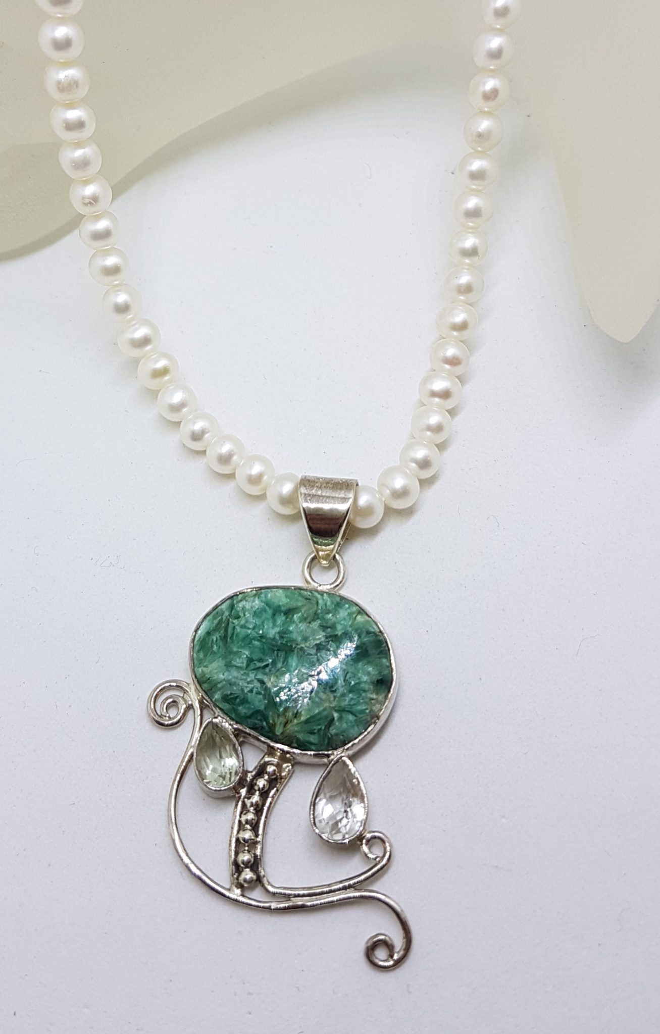 20200831_130718 Sterling Silver Large Ornate Green with Clear Crystal Quartz Swirl on Pearl Chain Necklace