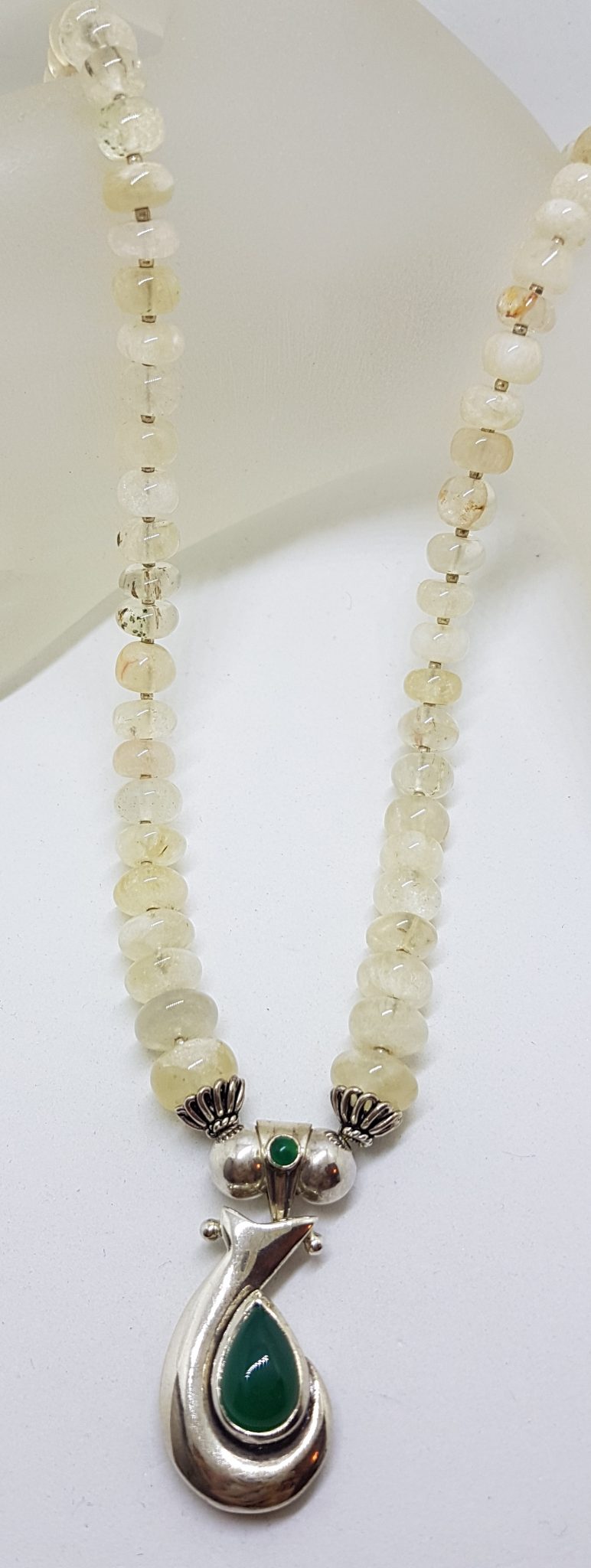 Sterling Silver Green Onyx / Agate on Green Bead Chain Necklace