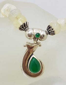 Sterling Silver Green Onyx / Agate on Green Bead Chain Necklace