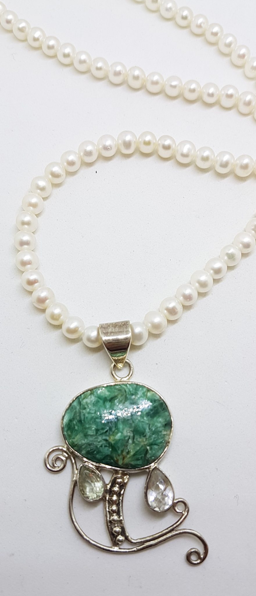 20200831_130856 Sterling Silver Large Ornate Green with Clear Crystal Quartz Swirl on Pearl Chain Necklace