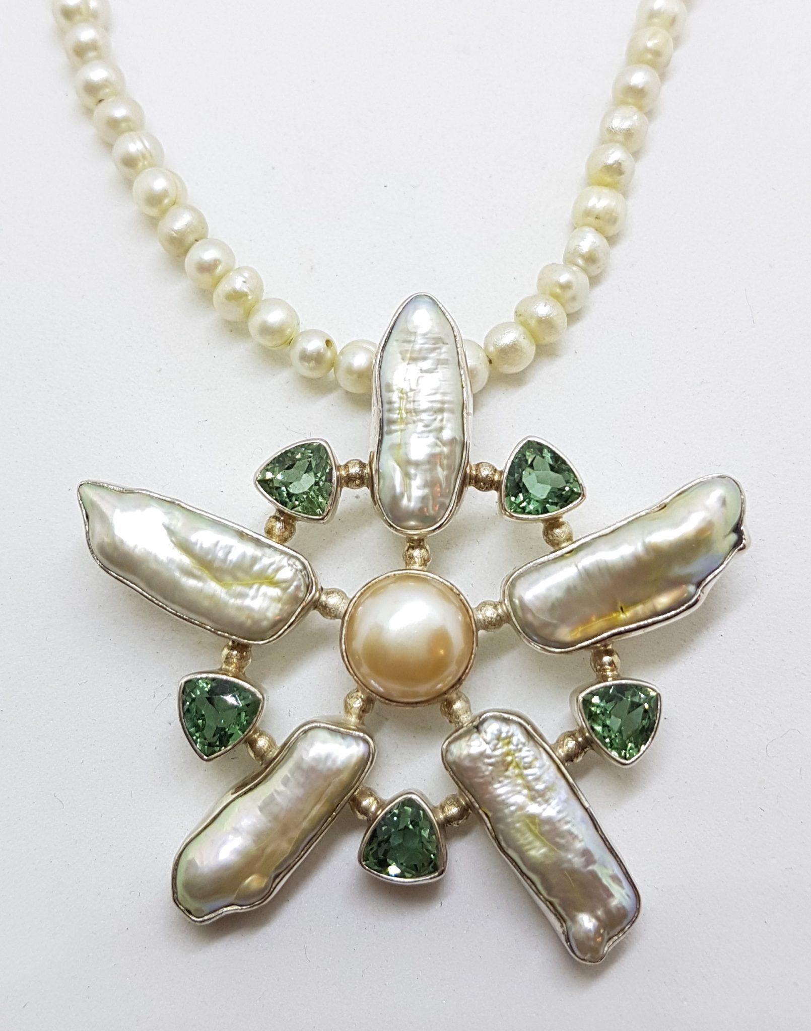 20200831_130919 Sterling Silver Large Green Quartz and Blister Pearl Star / Flower Pendant on Pearl Chain Necklace