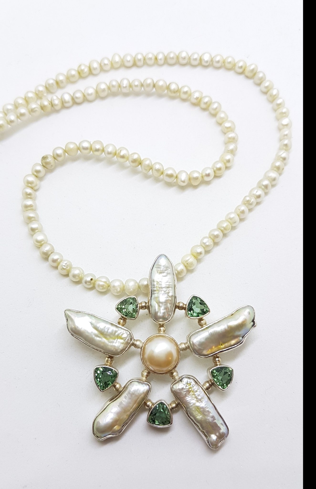 20200831_130936 Sterling Silver Large Green Quartz and Blister Pearl Star / Flower Pendant on Pearl Chain Necklace