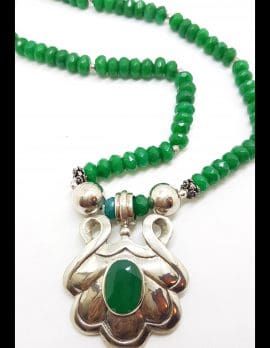 Sterling Silver Green Onyx / Agate Ornate Bead Chain Necklace