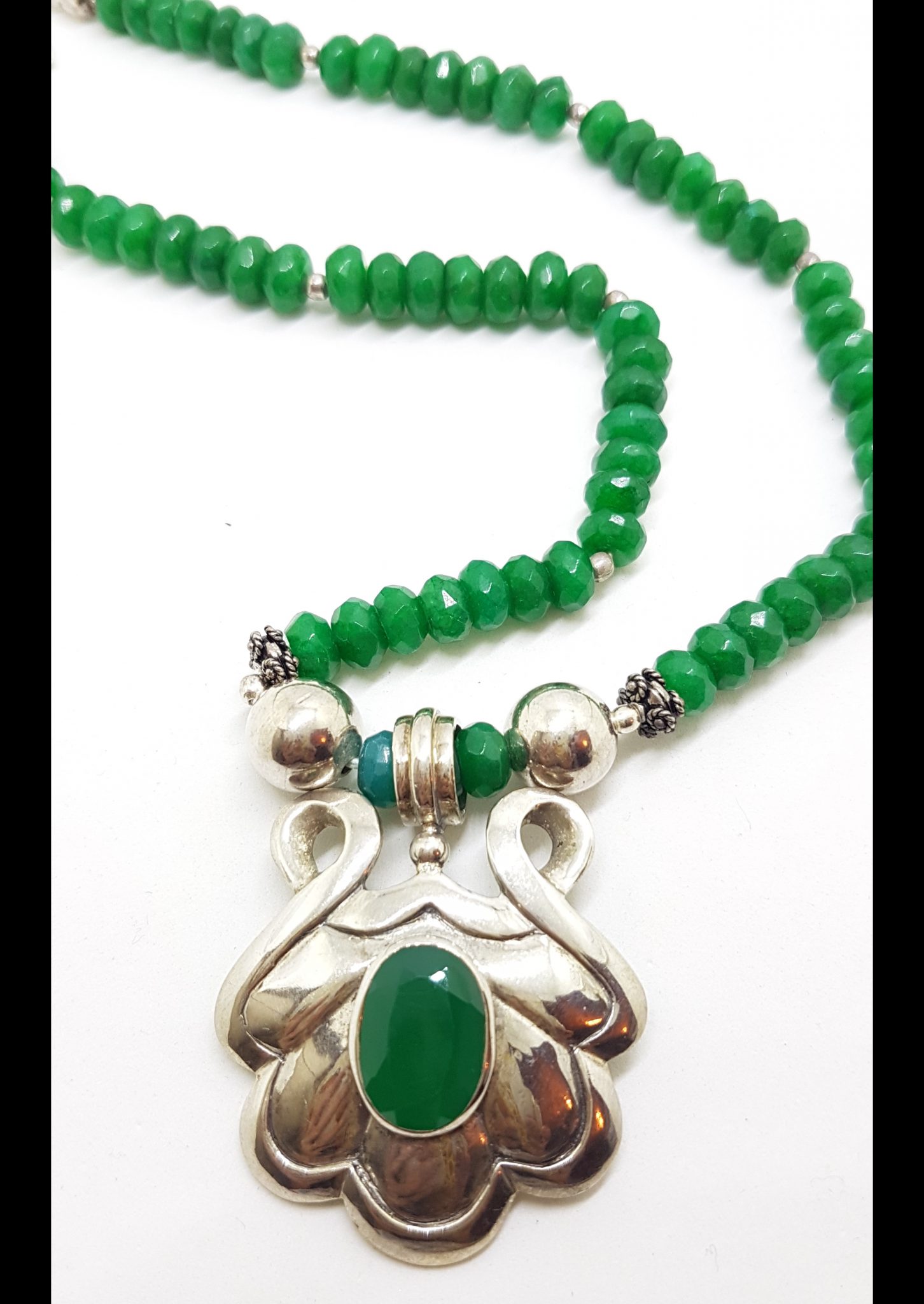 Sterling Silver Green Onyx / Agate Ornate Bead Chain Necklace