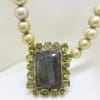 Sterling Silver Large Rectangular Labradorite surrounded by Peridot Pendant on Green Pearl Chain Necklace