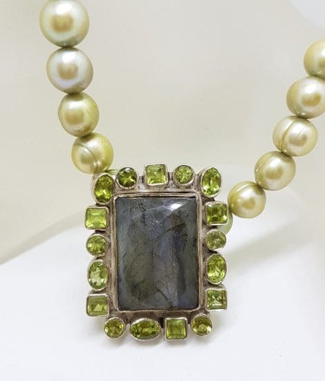 Sterling Silver Large Rectangular Labradorite surrounded by Peridot Pendant on Green Pearl Chain Necklace