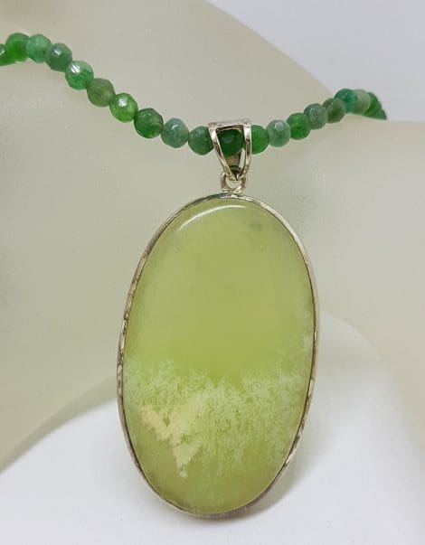 Sterling Silver Large Oval Green Pendant on Green Bead Chain / Necklace