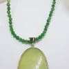 Sterling Silver Large Oval Green Pendant on Green Bead Chain / Necklace