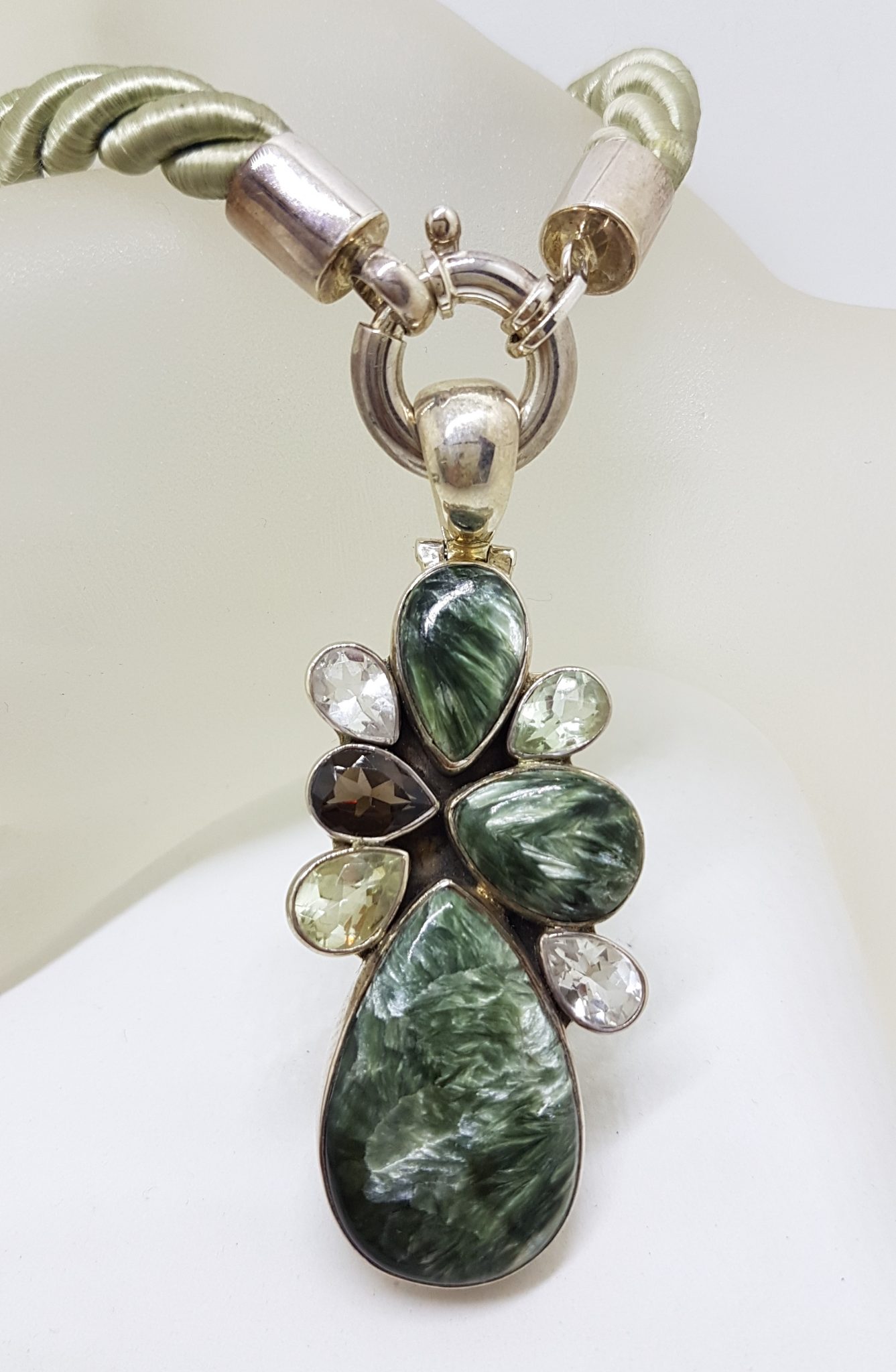 Sterling Silver Large Seraphinite, Green Amethyst, Smokey Quartz, Clear Quartz and Lemon Citrine Pendant on Thick Long Green Cord Necklace