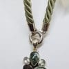 Sterling Silver Large Seraphinite, Green Amethyst, Smokey Quartz, Clear Quartz and Lemon Citrine Pendant on Thick Long Green Cord Necklace