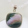 Sterling Silver Large Square Green Ocean Agate Pendant on Rose Quartz Bead Necklace
