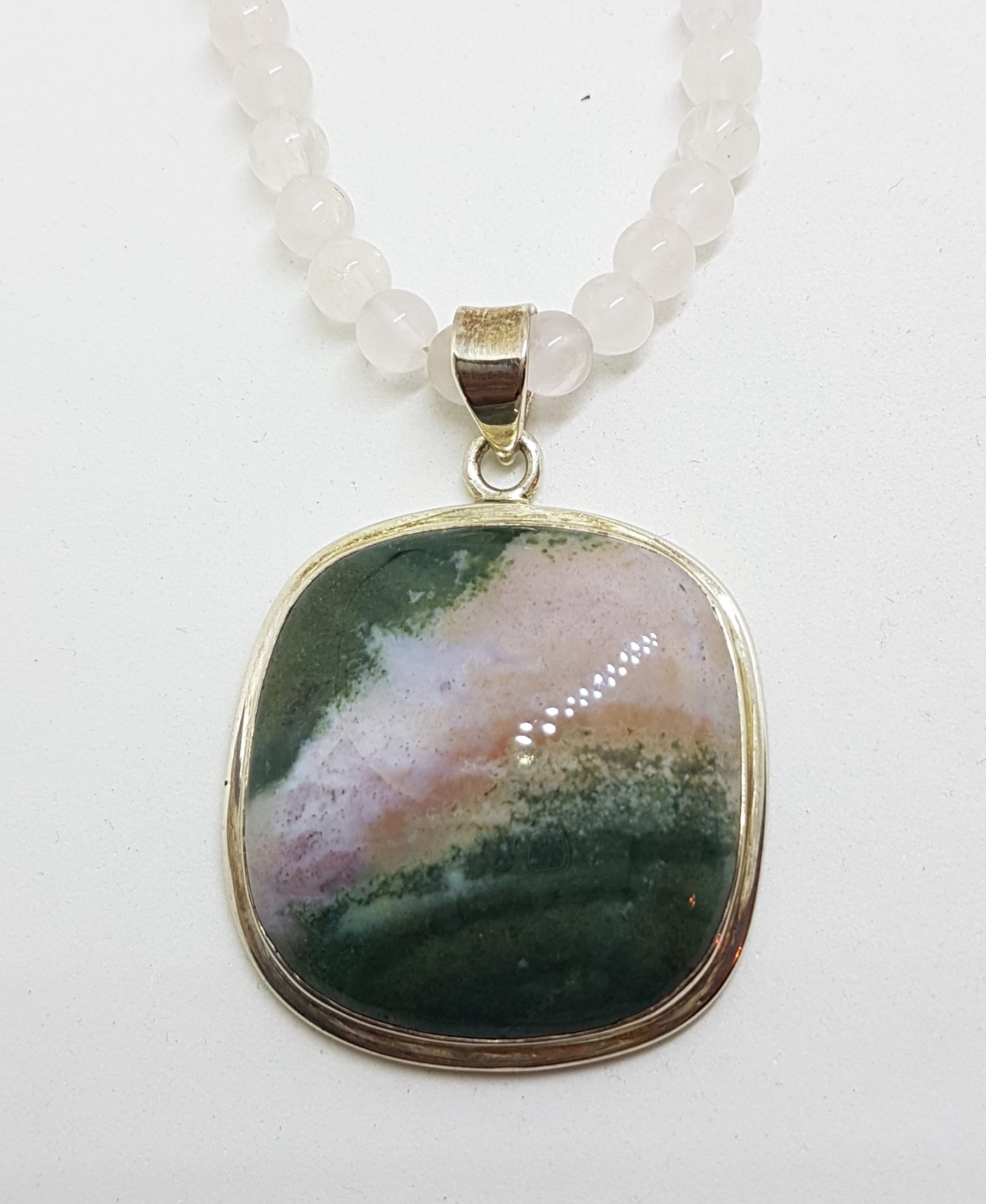 20200831_131510 Sterling Silver Large Square Green Ocean Agate Pendant on Rose Quartz Bead Necklace