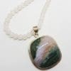 Sterling Silver Large Square Green Ocean Agate Pendant on Rose Quartz Bead Necklace
