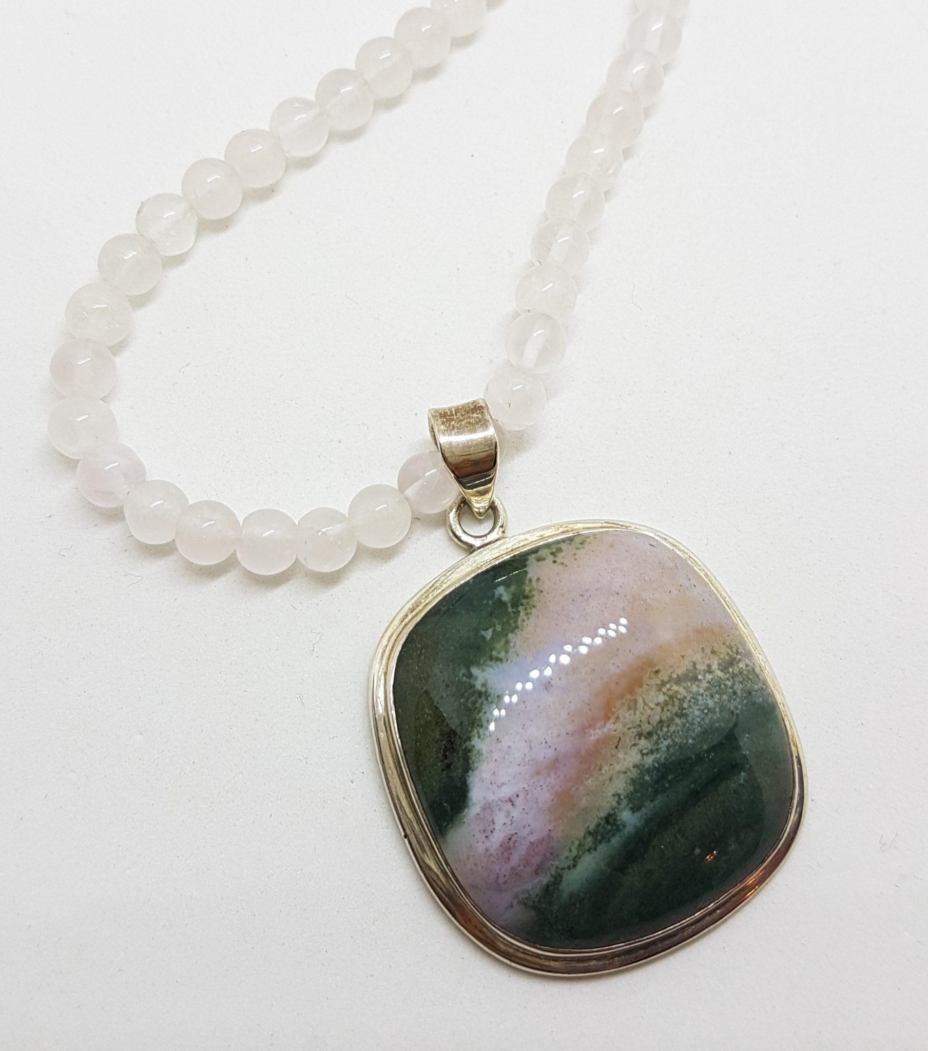 20200831_131529 Sterling Silver Large Square Green Ocean Agate Pendant on Rose Quartz Bead Necklace