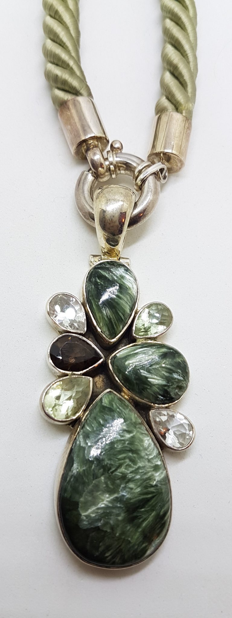 Sterling Silver Large Seraphinite, Green Amethyst, Smokey Quartz, Clear Quartz and Lemon Citrine Pendant on Thick Long Green Cord Necklace