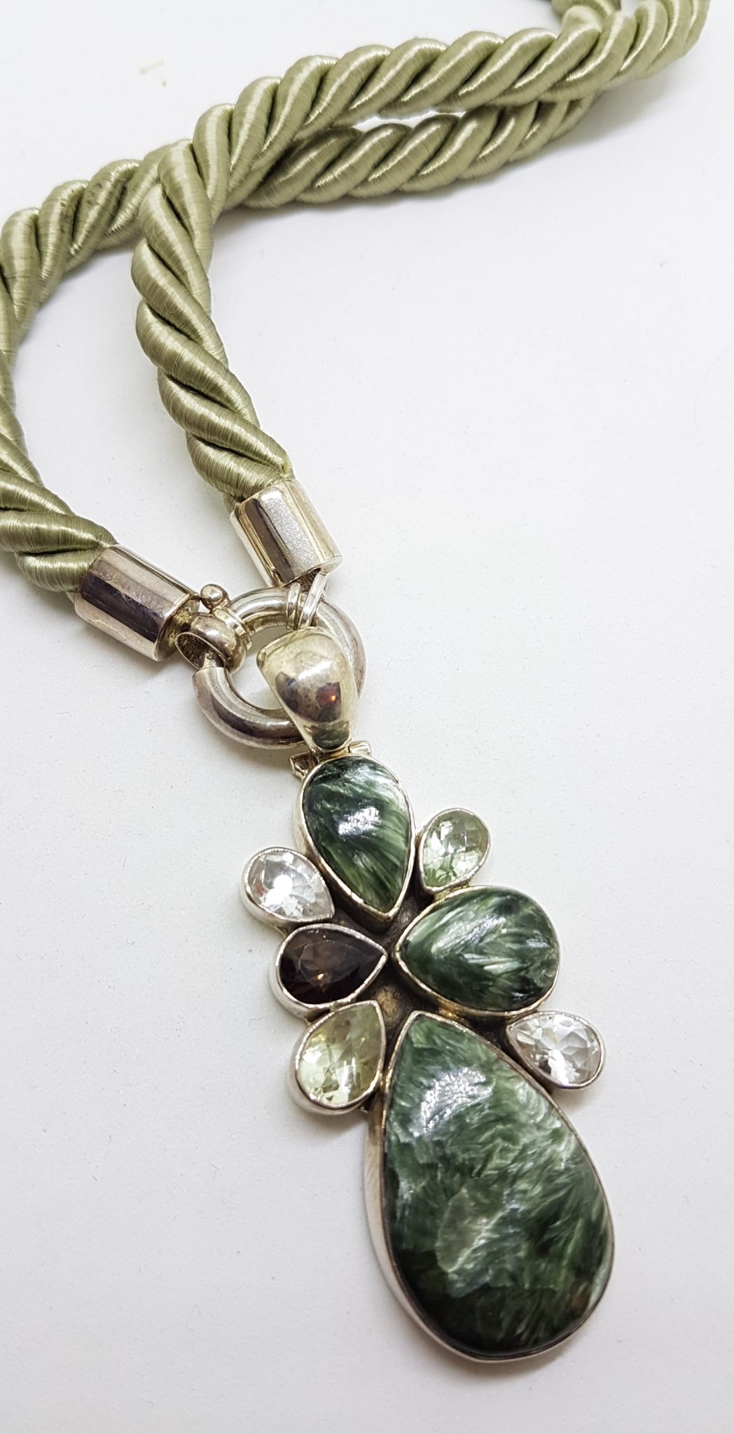 Sterling Silver Large Seraphinite, Green Amethyst, Smokey Quartz, Clear Quartz and Lemon Citrine Pendant on Thick Long Green Cord Necklace