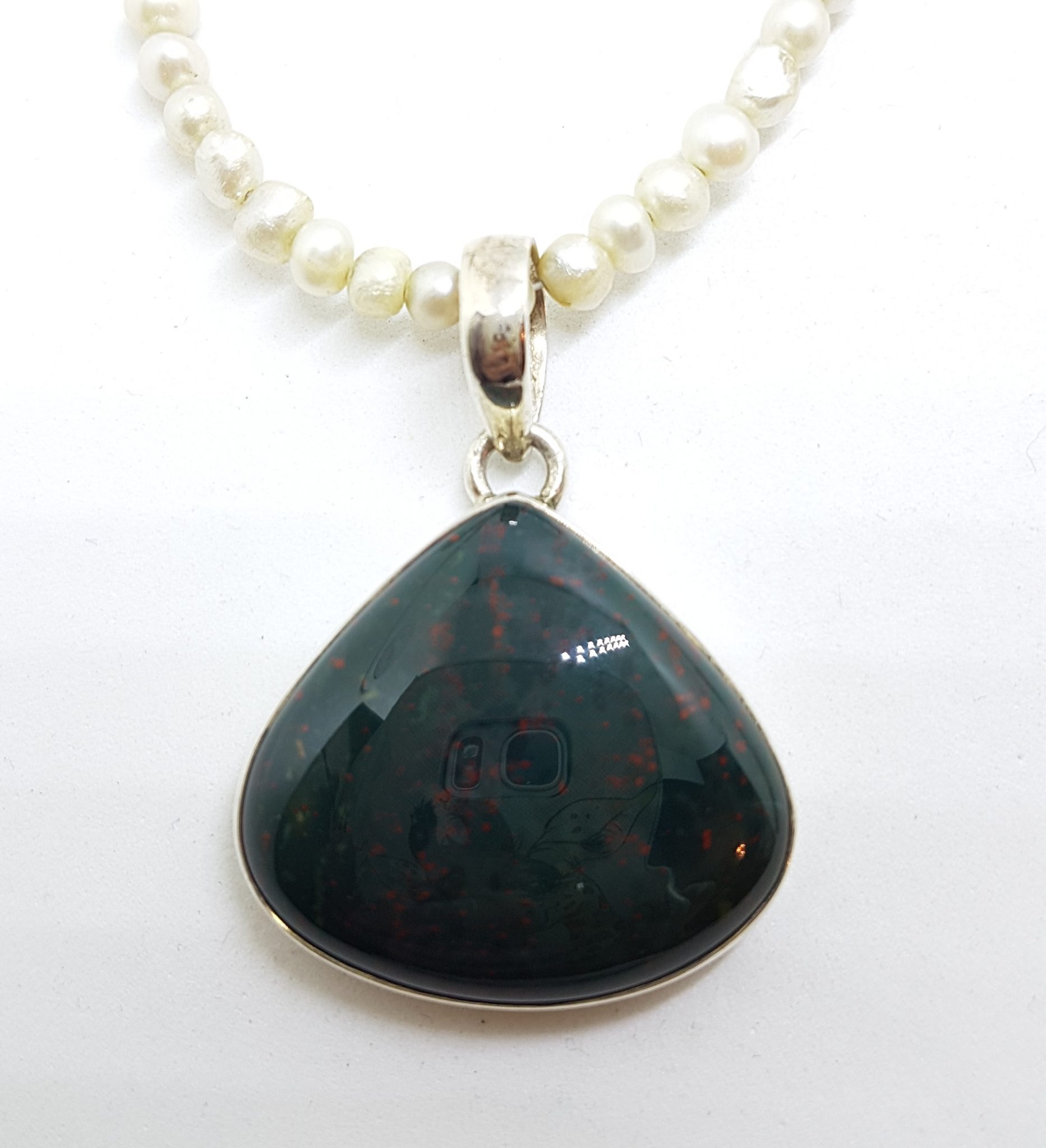 Sterling Silver Large Teardrop Shape Bloodstone Pendant on Pearl Necklace
