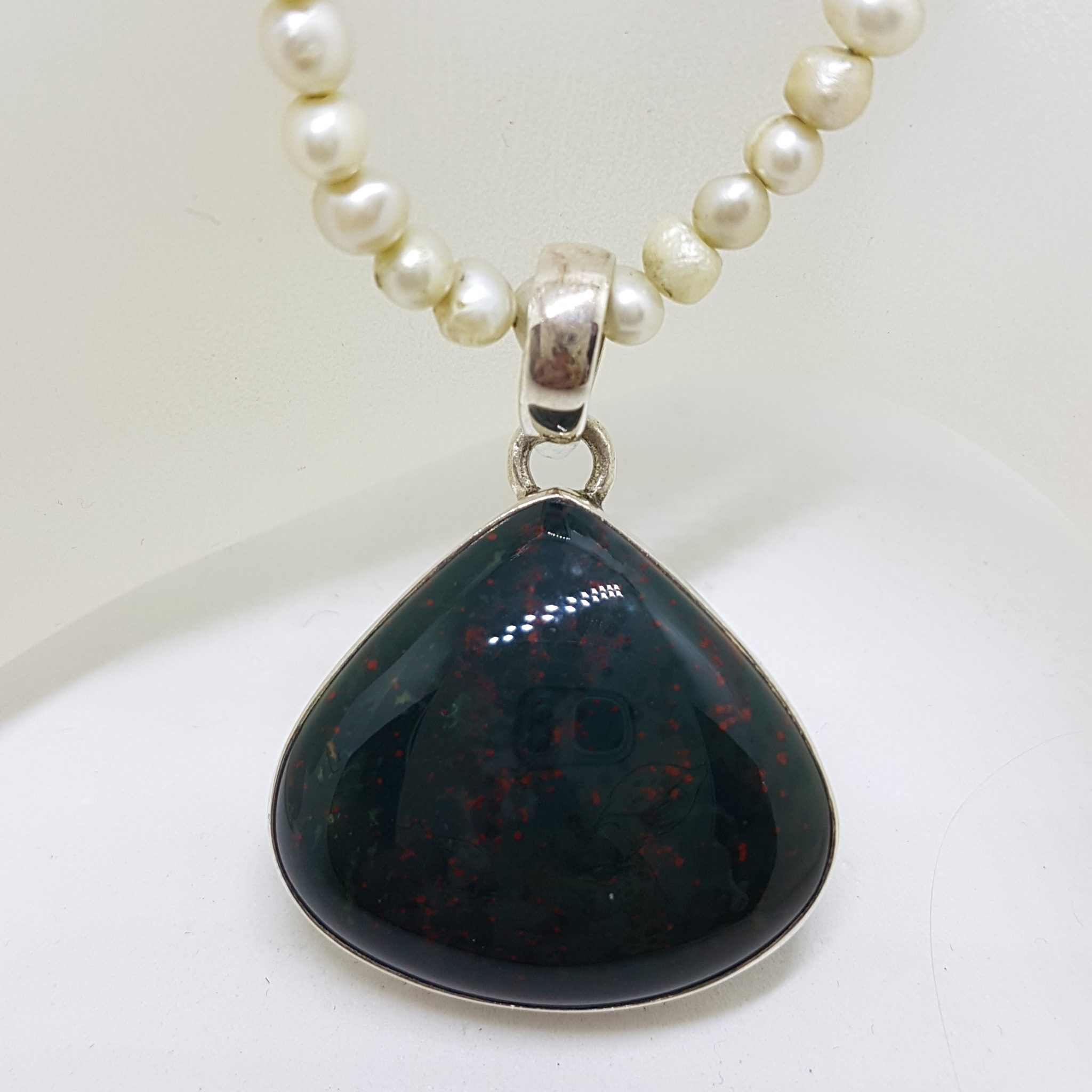 Sterling Silver Large Teardrop Shape Bloodstone Pendant on Pearl Necklace