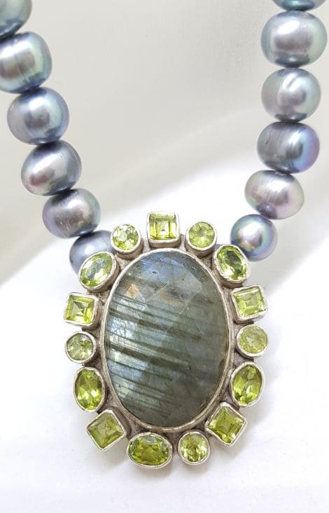 Sterling Silver Large Teardrop Pear Shape Labradorite surrounded by Peridot Pendant on Silver Choker Chain Necklace