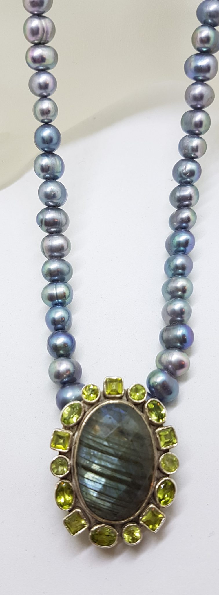 20200831_131807 Sterling Silver Large Teardrop Pear Shape Labradorite surrounded by Peridot Pendant on Silver Choker Chain Necklace