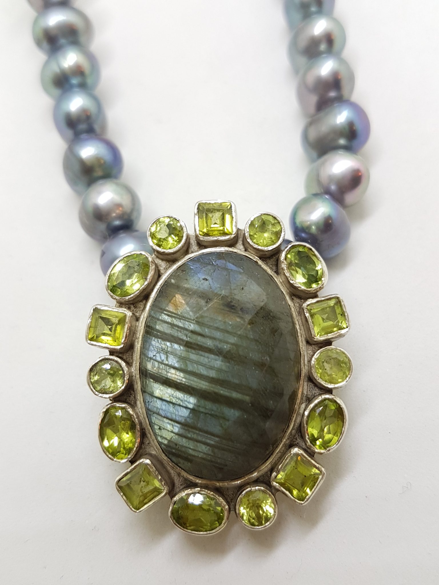 20200831_131825 Sterling Silver Large Teardrop Pear Shape Labradorite surrounded by Peridot Pendant on Silver Choker Chain Necklace