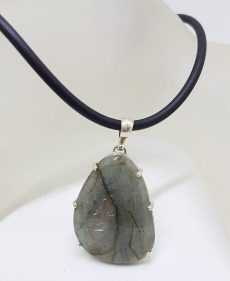 Sterling Silver Large Labradorite Pendant on Neoprene and Silver Chain Necklace