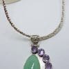 Sterling Silver Very Large and Long Marquis Shape Chalcedony with Amethyst Pendant on Thick Sterling Silver Chain / Necklace