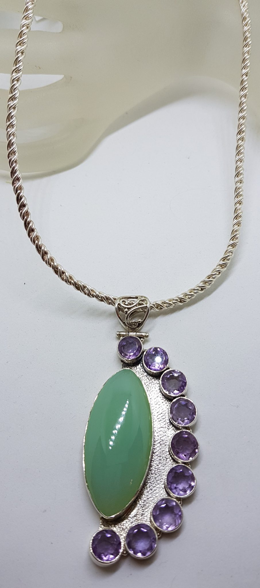 Sterling Silver Very Large and Long Marquis Shape Chalcedony with Amethyst Pendant on Thick Sterling Silver Chain / Necklace