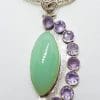 Sterling Silver Very Large and Long Marquis Shape Chalcedony with Amethyst Pendant on Thick Sterling Silver Chain / Necklace