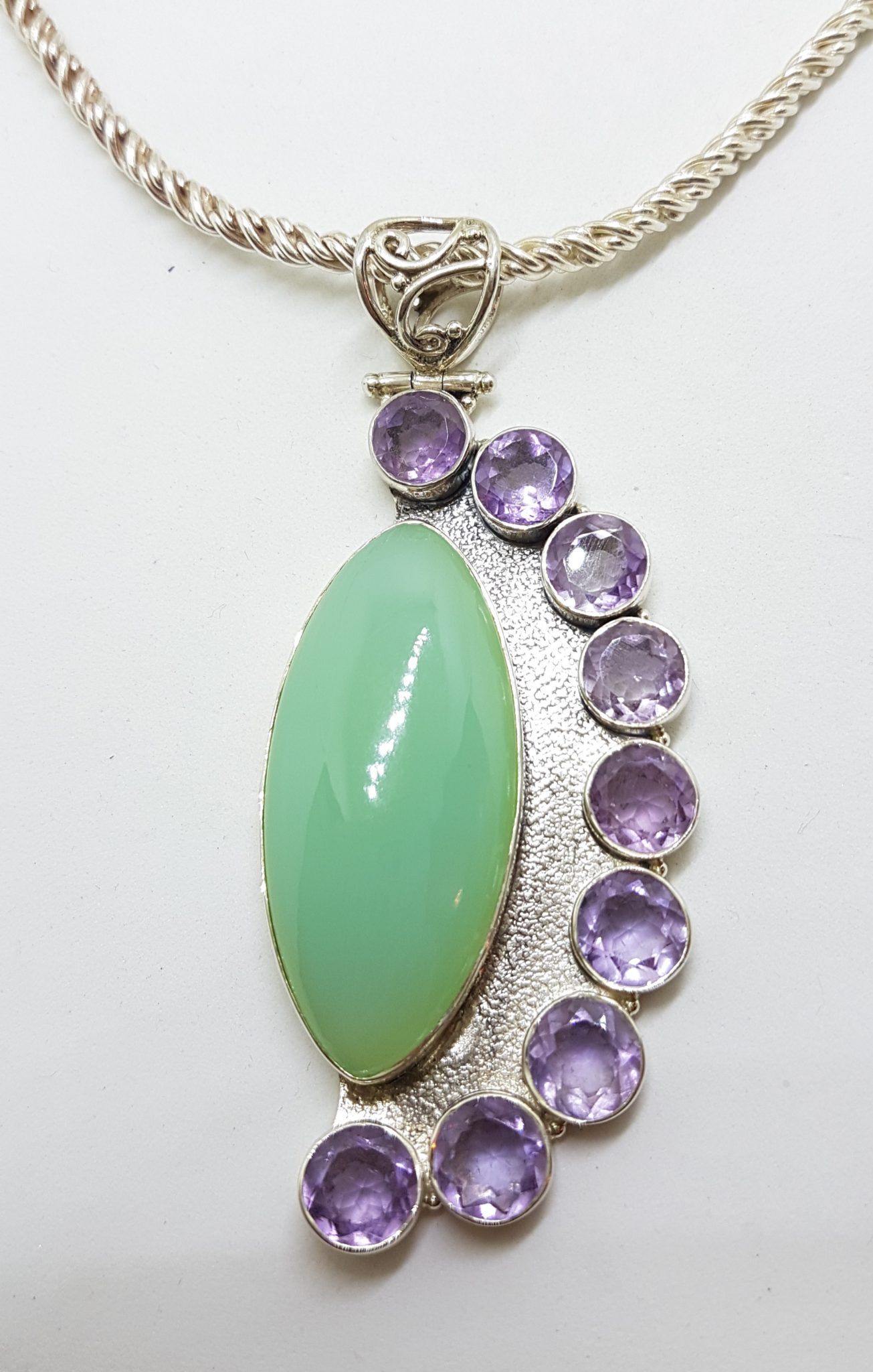 Sterling Silver Very Large and Long Marquis Shape Chalcedony with Amethyst Pendant on Thick Sterling Silver Chain / Necklace