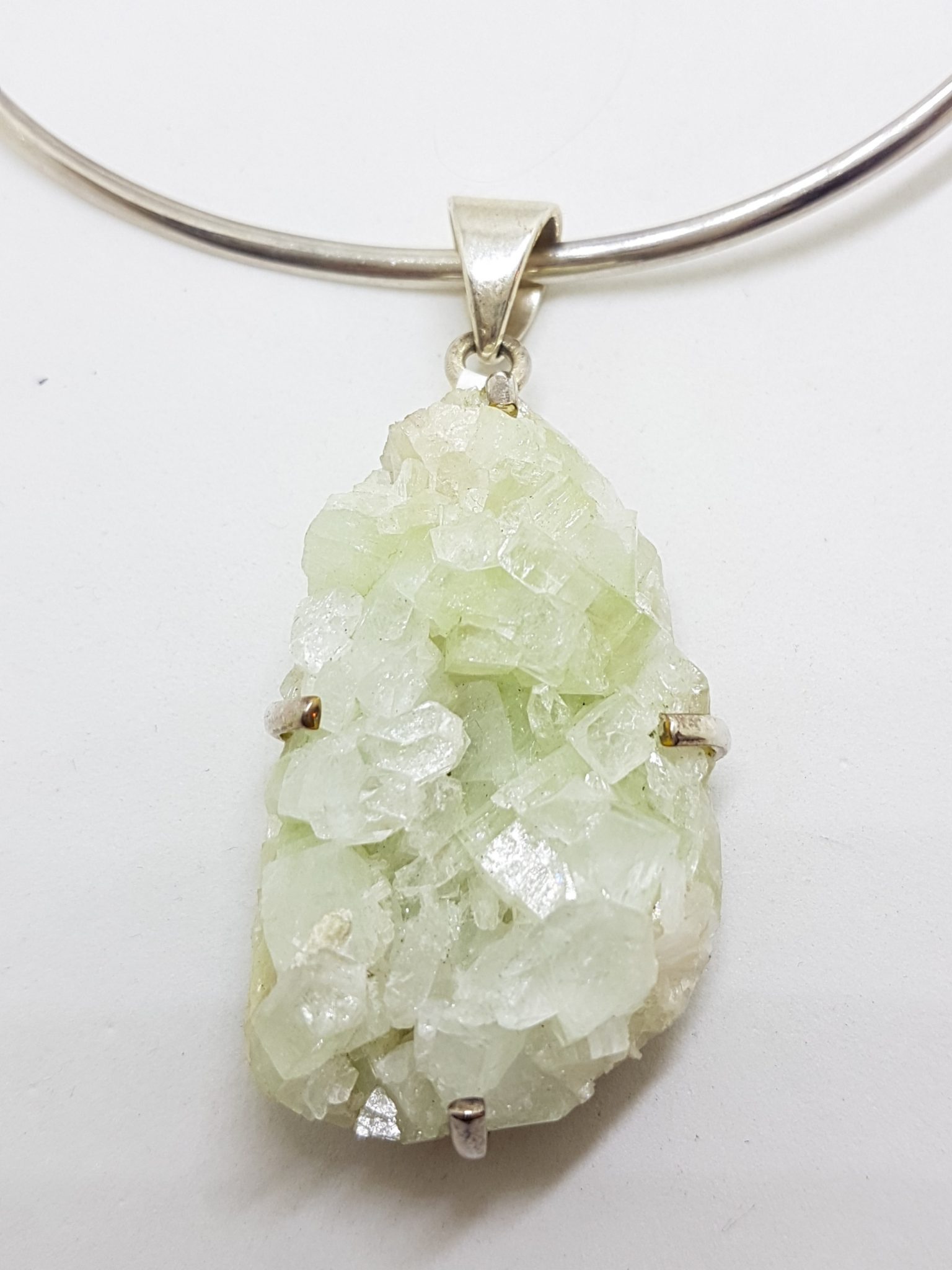 Sterling Silver Large Green Pendant on Silver Choker Chain / Necklace