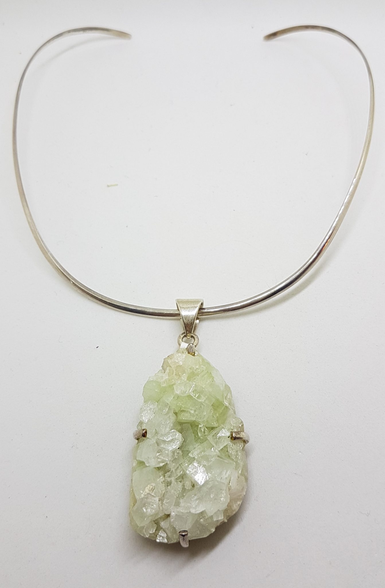 Sterling Silver Large Green Pendant on Silver Choker Chain / Necklace