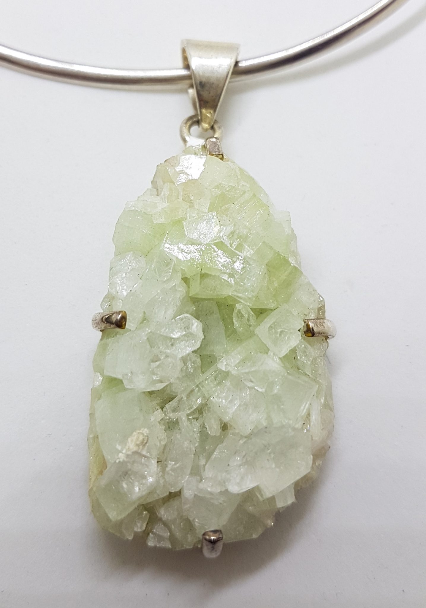 Sterling Silver Large Green Pendant on Silver Choker Chain / Necklace