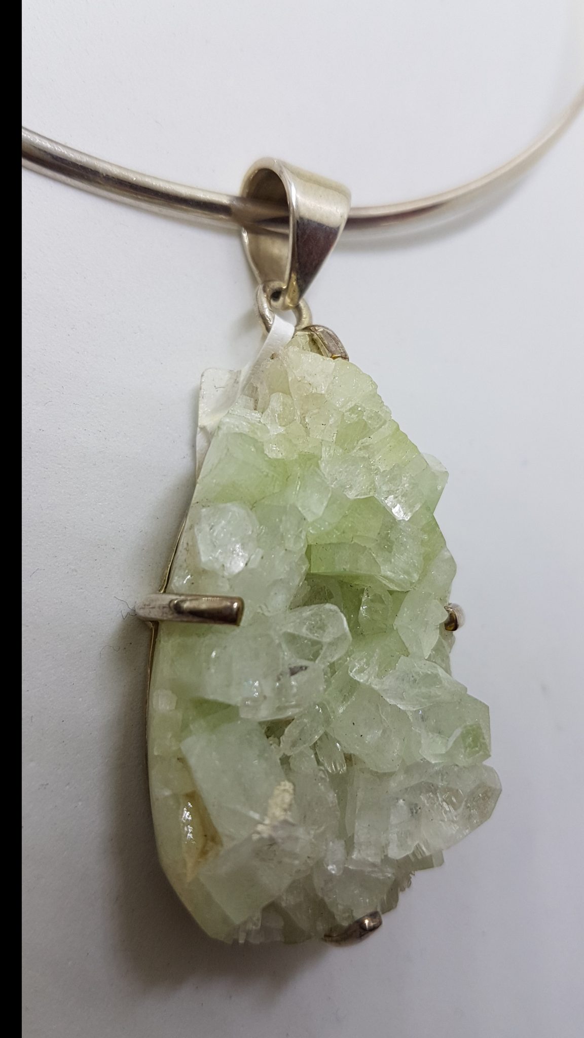 Sterling Silver Large Green Pendant on Silver Choker Chain / Necklace