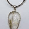 Sterling Silver Large Teardrop Pear Shape Rutilated Quartz Pendant on Thick Silver Chain / Necklace